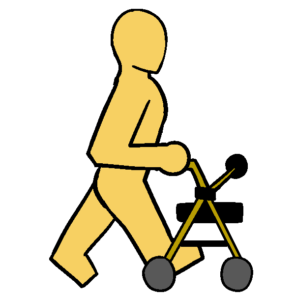 A yellow thin person walking with a yellow rollator.